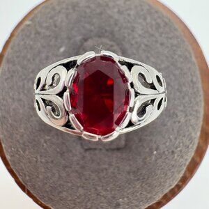 VTG Seta Sterling Silver 925 Oval Red Stone Ring Scroll Design Metalwork SZ 5.25